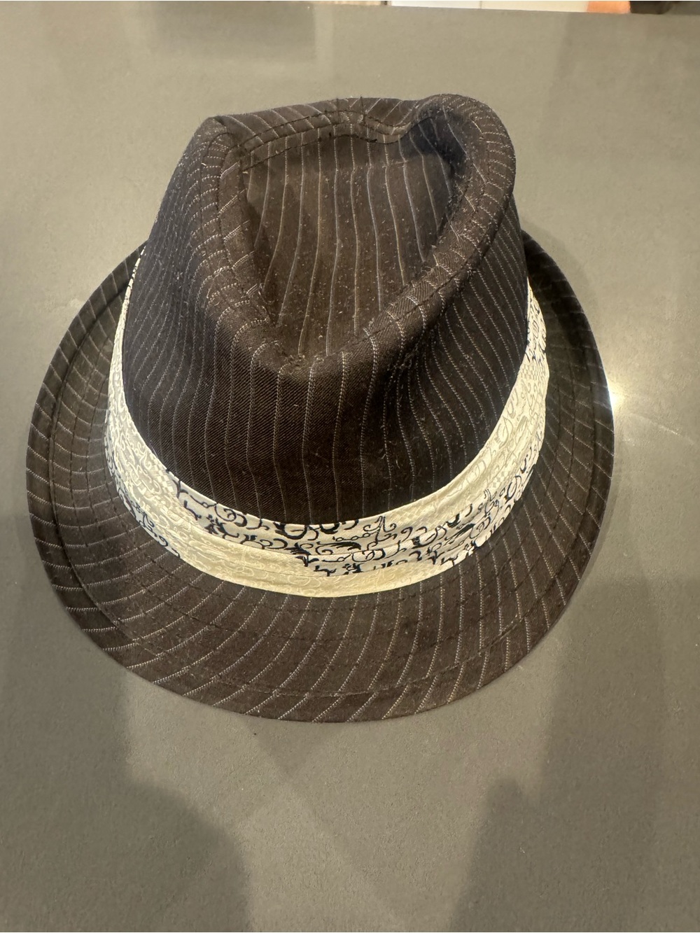 Goorin Bros Black Pinstripe Fedora with Cream Patterned Band